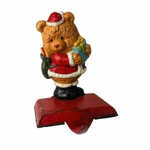 Santa Brown Bear Metal Christmas Holiday Heavy Cast Iron Stocking Hanger Vintage